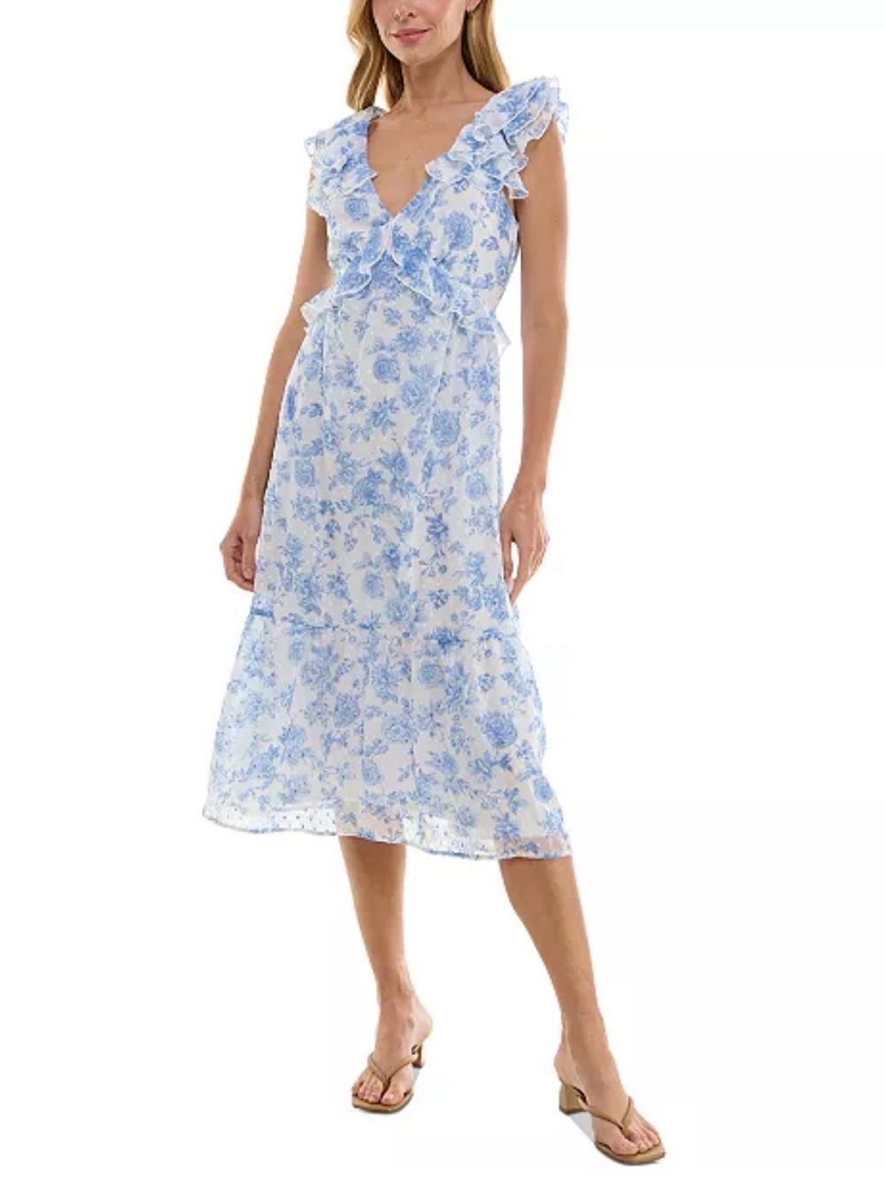 Trixxi Blue & White Floral Ruffle Midi Dress Open Back Tie Size Small NWT